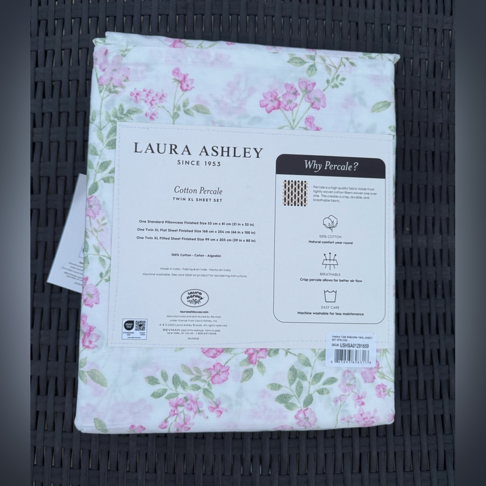 Laura Ashley Fawna Raspberry Green Floral Cotton Percale TWIN XL Sheet Set 3pc - Picture 7 of 10